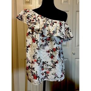 INC International Concepts Women's Off The shoulder ruffle Floral Lace Top Large